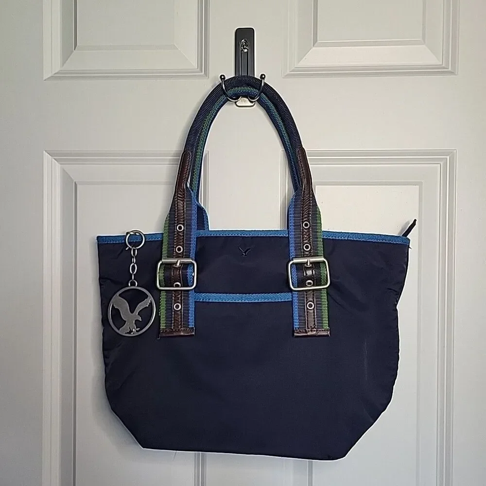 Y2K American Eagle Navy Blue Buckle Tote Bag with Keychain Logo